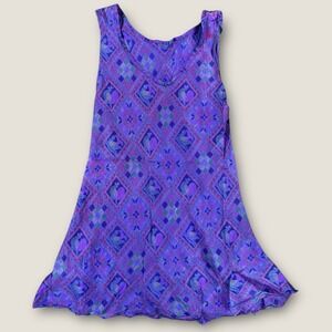 Indie Ella 100% Silk Dress M/L Purple Peacock Diamond Print Boho Fairy Mini